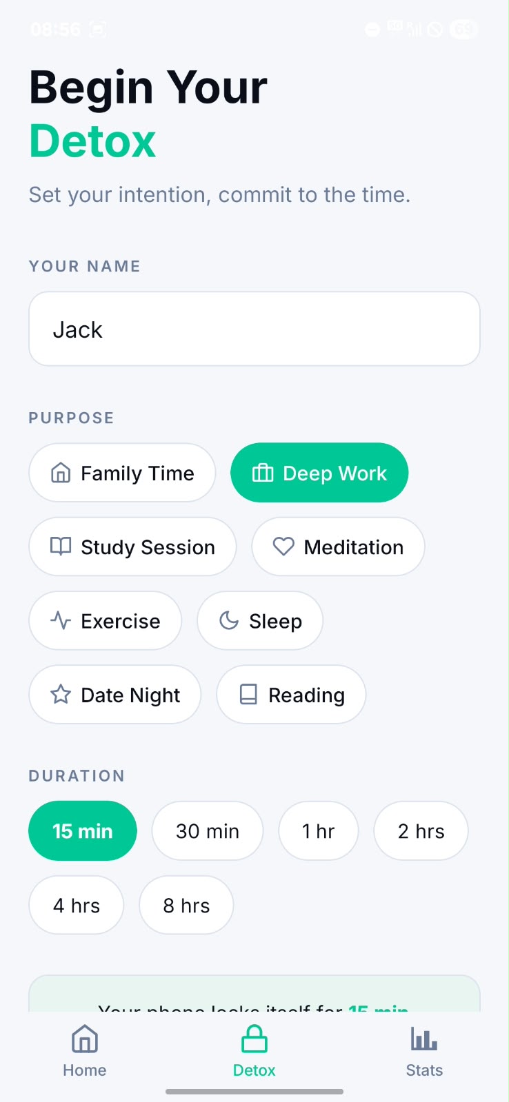 Digitox begin your detox screen with purpose and duration picker